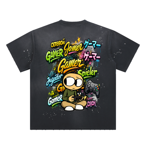 Gamer Hand-Frayed Sunfade Paint Splatter T-Shirt